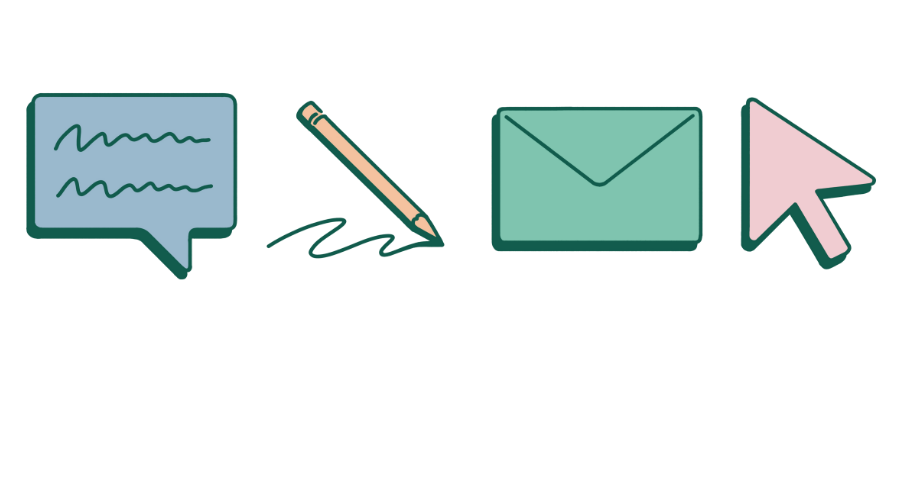 symbols to represent four ways to submit a complaints; phone, letter, email, or online form.